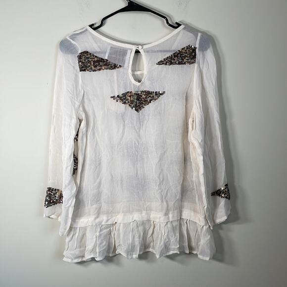Beautiful Stories‎ Off White Sheer Sequin Patch Long Sleeve Blouse Size XS - Picture 4 of 8